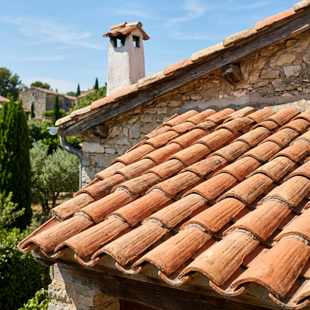 Couvreur professionnel qualifié effectuant le contrôle d'une toiture dans l'Hérault