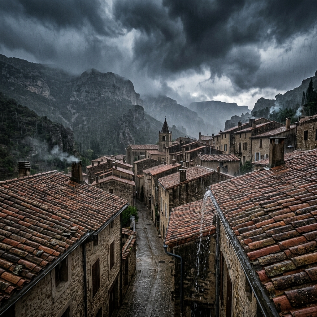 Orage cévenol torrentiel sur les toits d'un village de l'Hérault